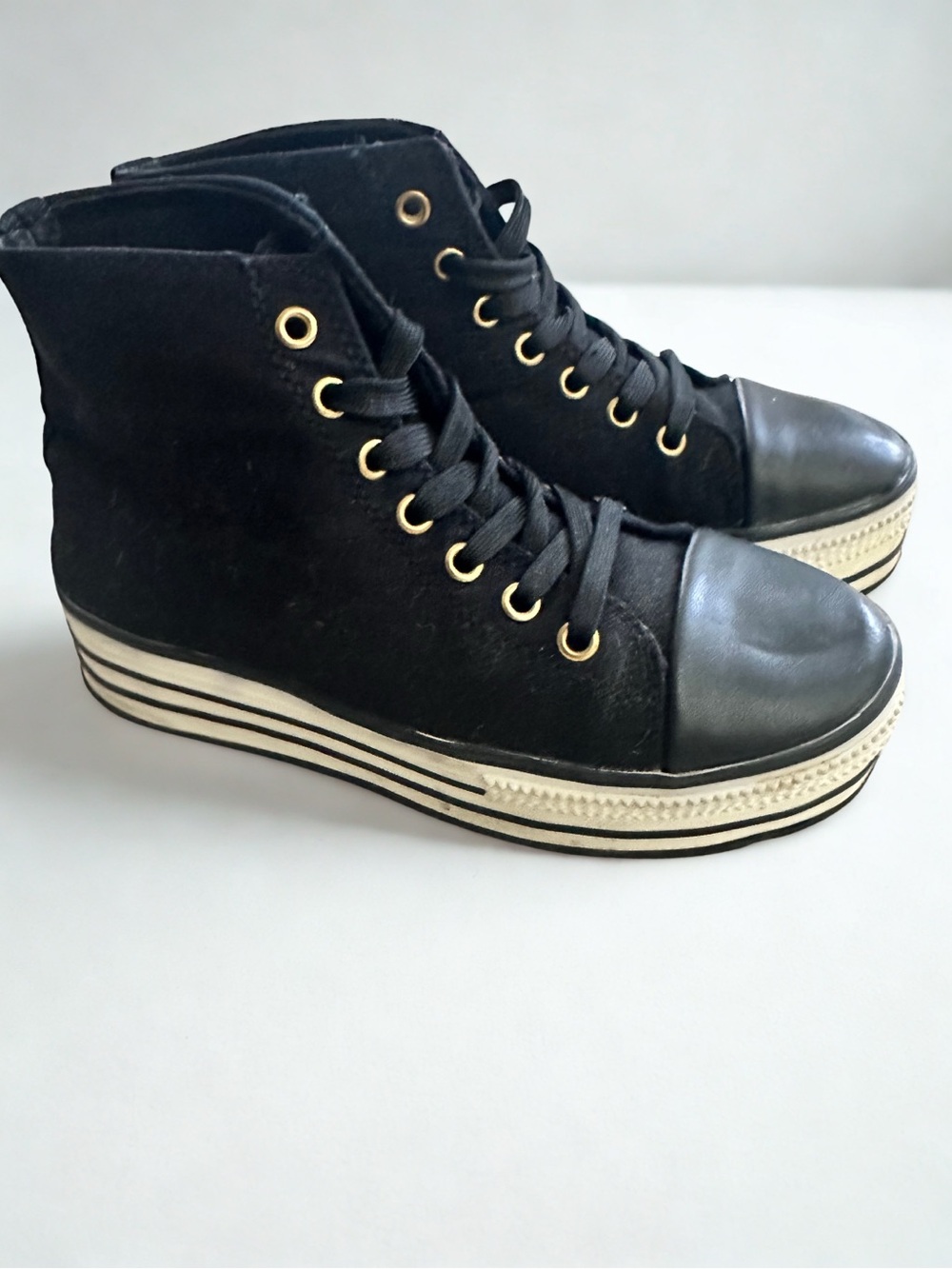 Black Platform High-Top Sneakers with Gold Eyelets